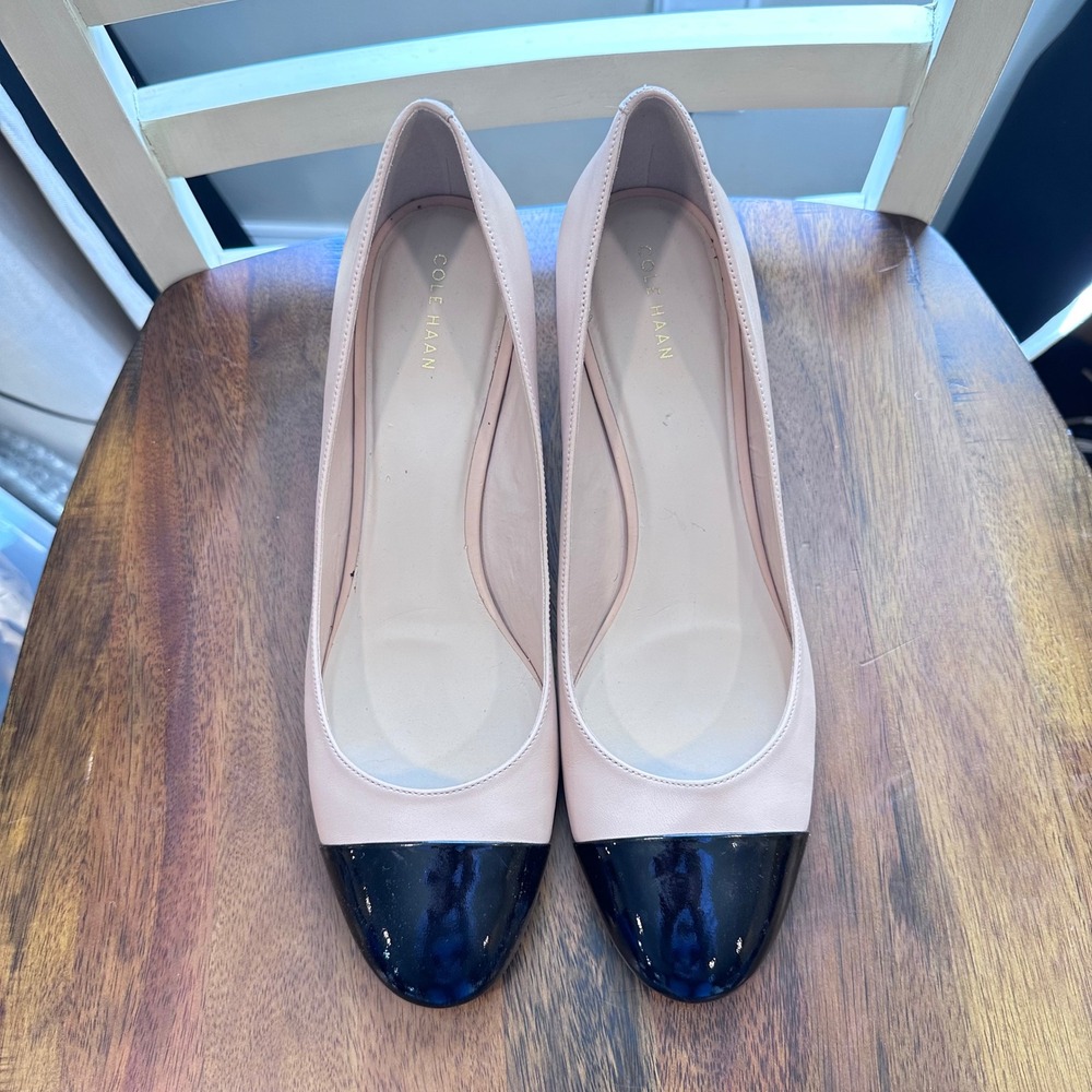 Cole Haan Block Heel Pumps Women 11B Beige Black Cap Toe Leather Career - Picture 4 of 12